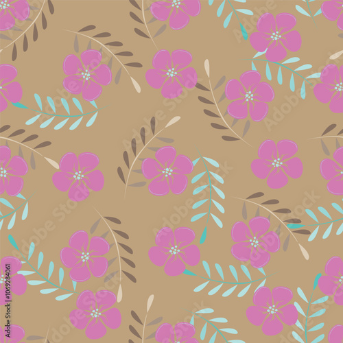 Flower garden wallpaper design vector prepared for textile printing. Seamless floral pattern with abstract hand drawn flower and leaf background elements in purple