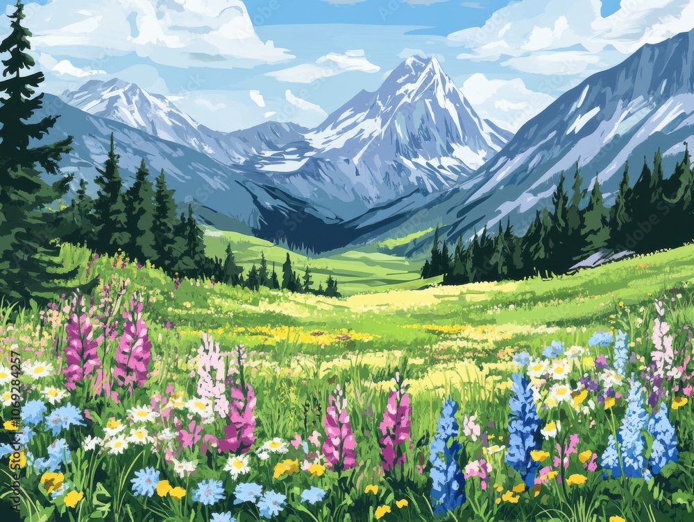 Fototapeta premium A breathtaking view of snow-capped mountains and a lush meadow with wildflowers in full bloom.