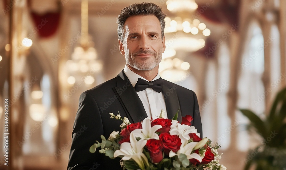 A man in a tuxedo holding a bouquet of roses and lilies in a grand setting. A man in a tuxedo holding a bouquet of roses and lilies in a grand setting.