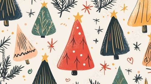 Create a charming handdrawn christmas background featuring repeating trees and festive elements