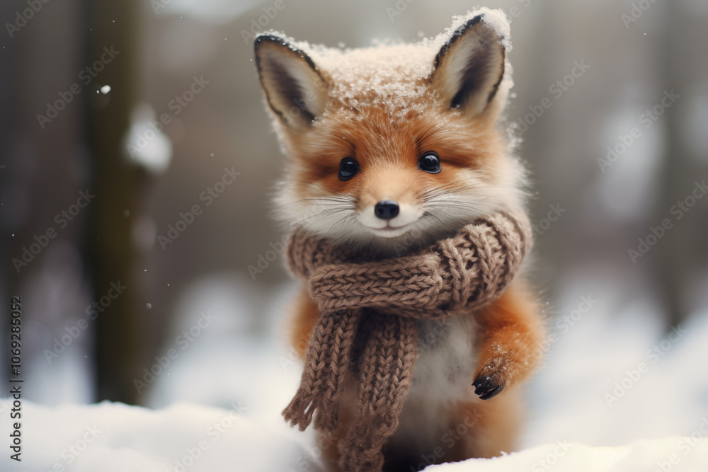 Fototapeta premium A cute fox in a scarf standing in the snow during winter, showcasing its charming features and fluffy fur