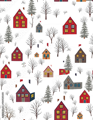 winter houses seamless pattern white, digital art