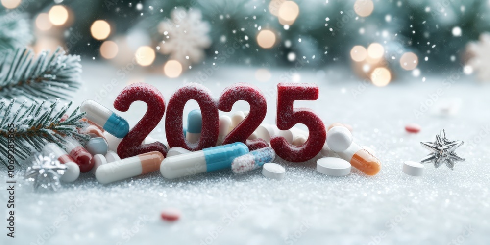 A festive arrangement showcases the year 2025 made of glittery numbers amidst an assortment of colorful pills and a snowy backdrop, perfect for health-related themes, New Year promotions A festive arrangement showcases the year 2025 made of glittery numbers amidst an assortment of colorful pills and a snowy backdrop, perfect for health-related themes, New Year promotions