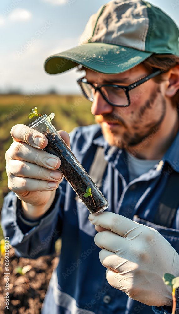farmer collecting soil samples in a test tube in a field. Agronomist checking soil carbon and plant health on a farm. soil science in agriculture isolated with white highlights, png farmer collecting soil samples in a test tube in a field. Agronomist checking soil carbon and plant health on a farm. soil science in agriculture isolated with white highlights, png