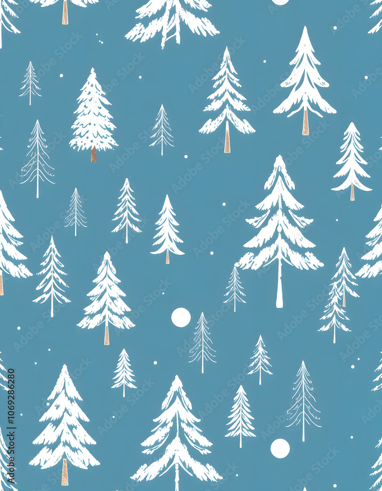 Obraz premium Seamless pattern with various hand drawn winter trees covered by snow on blue background. Backdrop with cartoon snowy forest. Modern vector illustration for wallpaper, wrapping paper, textile print,