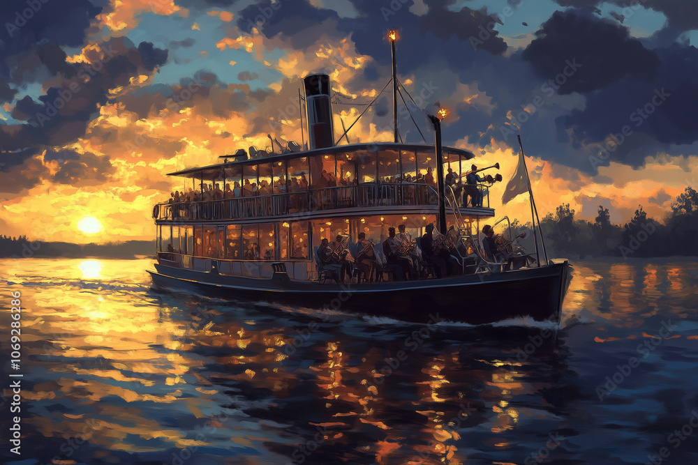 Naklejka premium Old Paddle Steamer with Jazz Band Playing on Deck – Summer Evening Cruise Entertainment