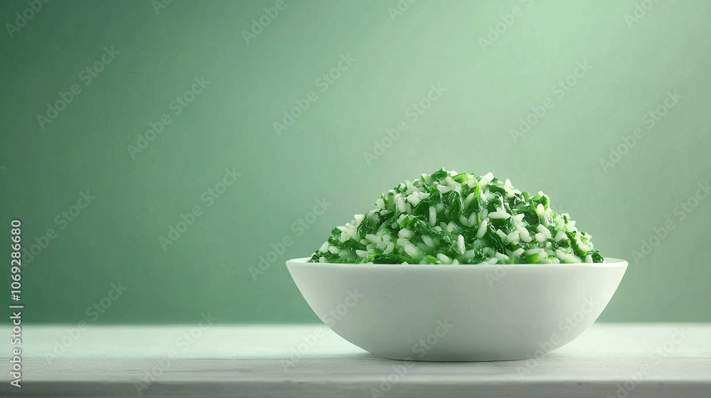Fototapeta premium A white bowl holds green veggies atop a white counter beside a green backdrop