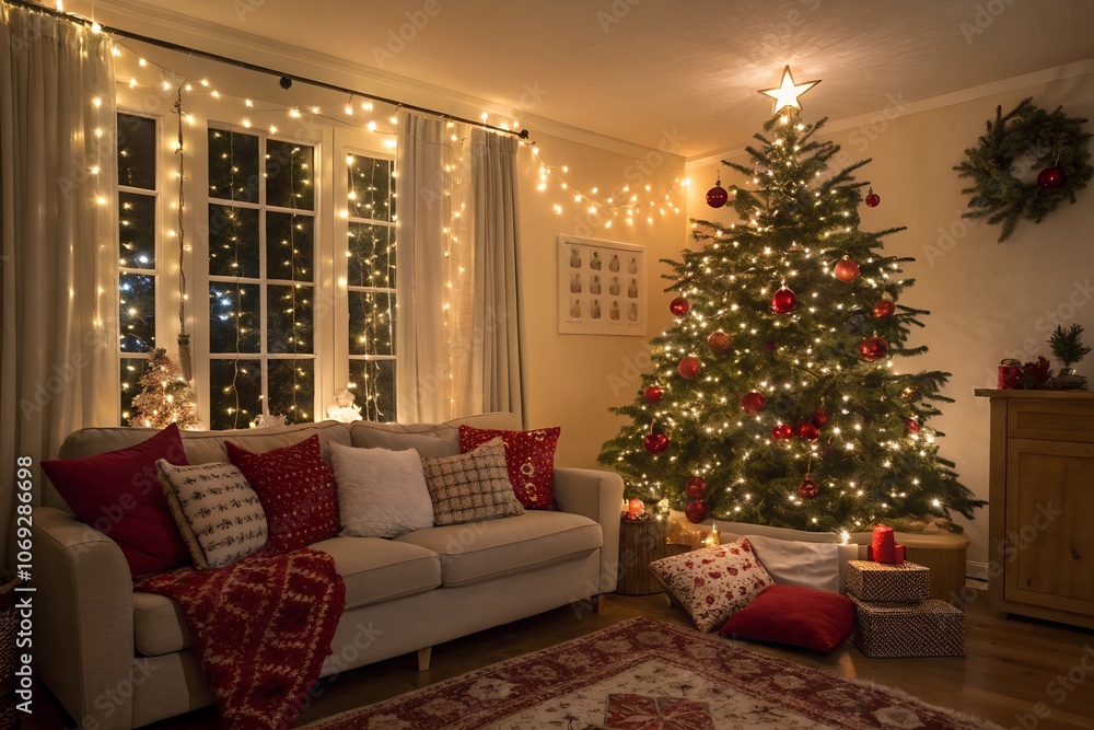 Cozy living room decorated for Christmas with a tree and festive cushions Cozy living room decorated for Christmas with a tree and festive cushions