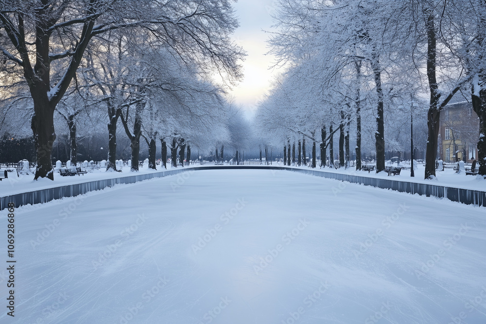 Fototapeta premium Ice Skating Rink in Snowy Park with Elm Trees – Winter Outdoor Sports Scene