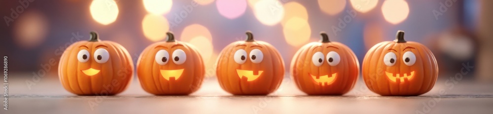 Spooky jack-o'-lanterns with funny faces against a blurred background of colorful lights Spooky jack-o'-lanterns with funny faces against a blurred background of colorful lights