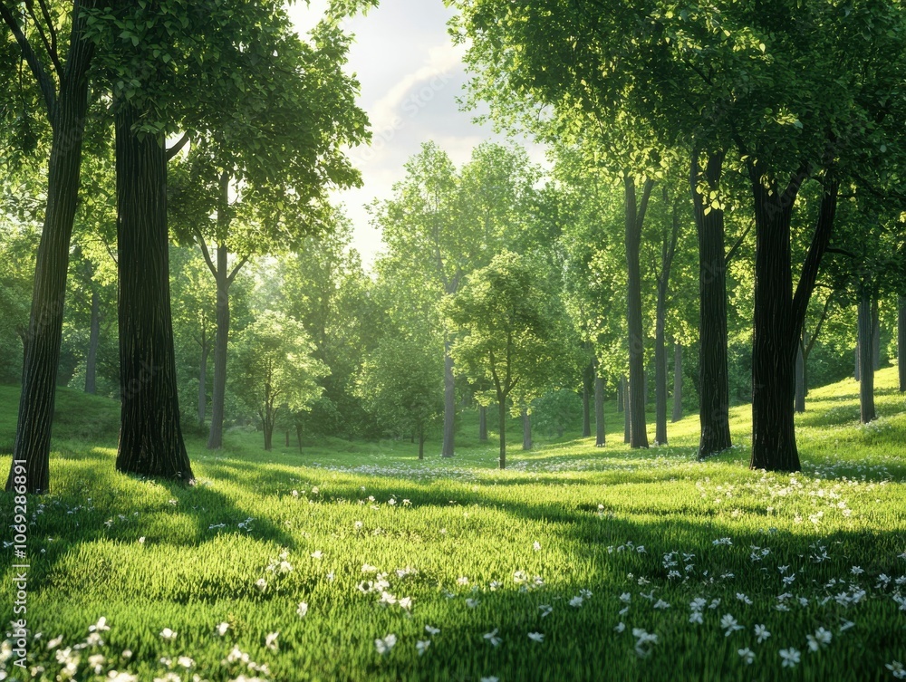Obraz premium Sunlight streams through the trees in a lush green forest, illuminating the grassy ground with delicate white wildflowers.