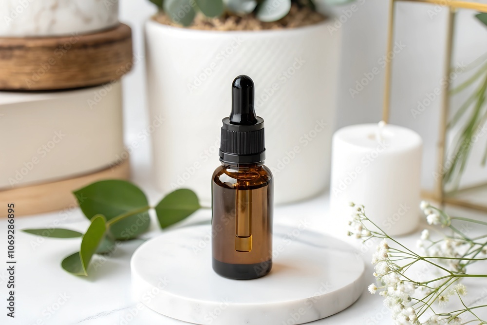 Small brown bottle with pipette on stand on white background close-up. Background for advertising. Cosmetic, moisturizing products for skin. Small brown bottle with pipette on stand on white background close-up. Background for advertising. Cosmetic, moisturizing products for skin.