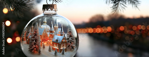 Ornate Christmas bauble with a miniature winter village inside, hanging on a tree branch with blurred festive lights.
