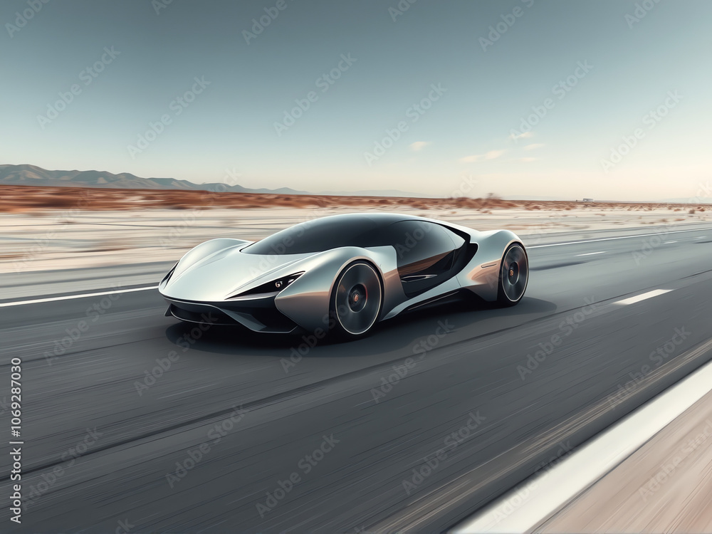 Futuristic silver sports car driving at high speed on an open road in a desert landscape under a clear sky during daylight Futuristic silver sports car driving at high speed on an open road in a desert landscape under a clear sky during daylight