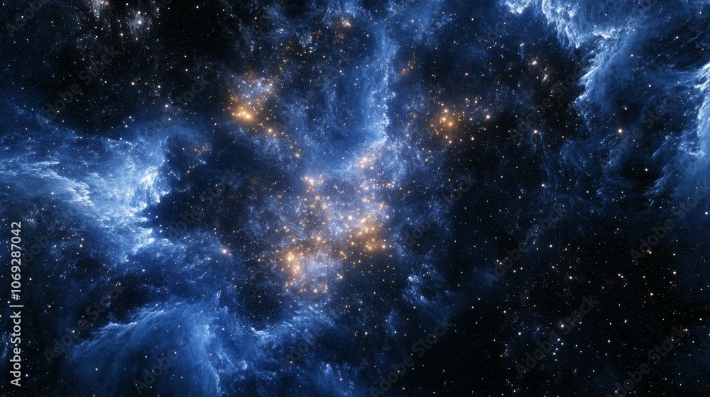 A stunning cosmic scene featuring expansive blue nebulae and luminous golden star clusters, evoking wonder and the vastness of the universe. A stunning cosmic scene featuring expansive blue nebulae and luminous golden star clusters, evoking wonder and the vastness of the universe.