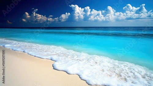 Serene tropical beach with azure waters and white sand under blue sky for travel agency advertising concept photo