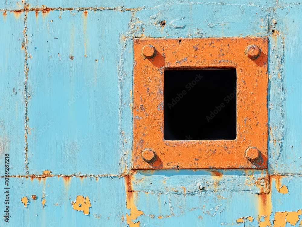 Rusty orange-framed window on a weathered blue metal surface. Rusty orange-framed window on a weathered blue metal surface.