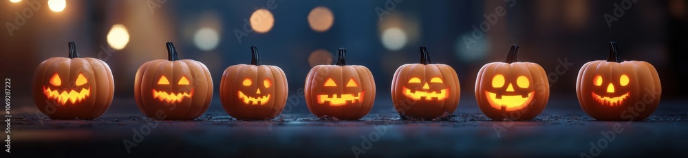 Fototapeta premium Glowing jack-o'-lanterns on a dark background with bokeh lights