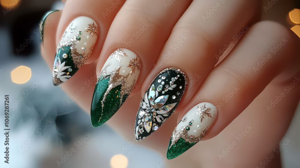 Elegant new year manicure with green and white snowflake nail art for festive celebrations Elegant new year manicure with green and white snowflake nail art for festive celebrations