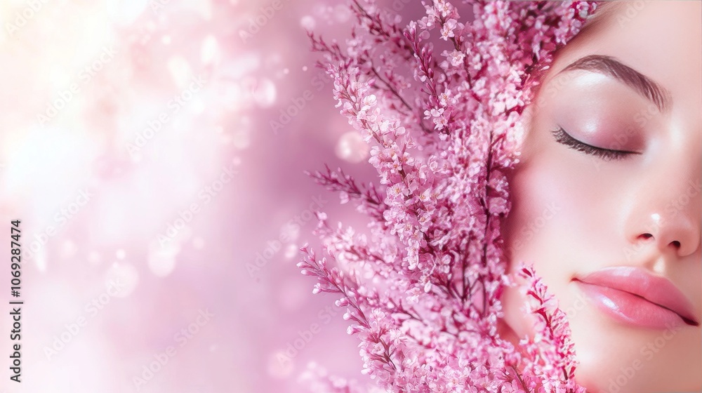 Woman resting peacefully in a bed of pink flower petals surrounded by a soft pink glow symbolizing serenity relaxation and beauty in a delicate dreamy atmosphere Woman resting peacefully in a bed of pink flower petals surrounded by a soft pink glow symbolizing serenity relaxation and beauty in a delicate dreamy atmosphere