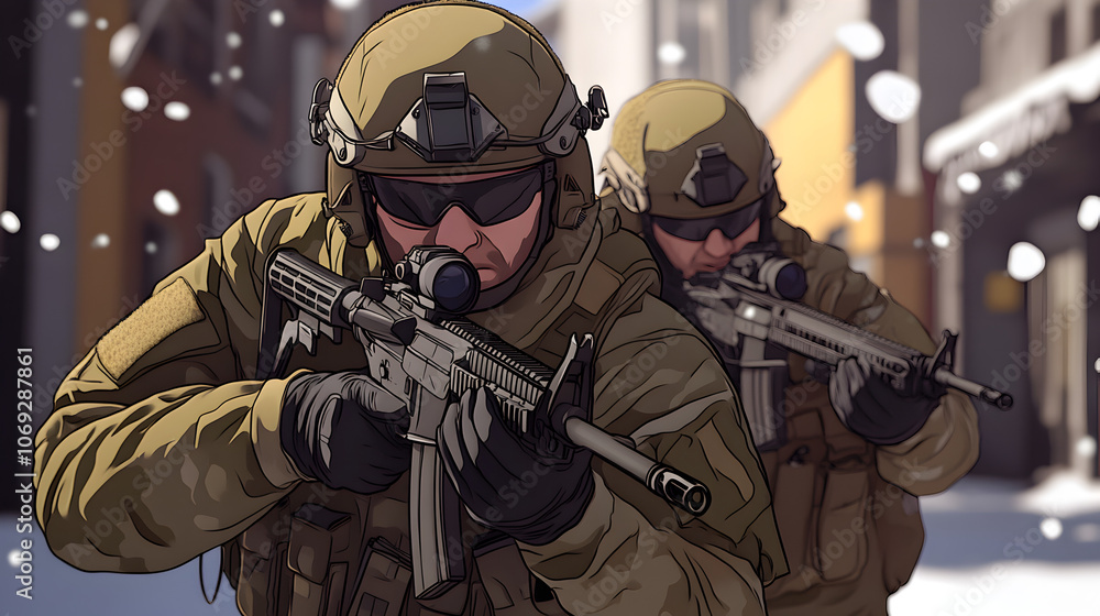 A pair of modern soldiers in tactical gear, one giving commands while the other advances, rifles raised. Stark contrast of urban warfare in a simplified background.
A pair of modern soldiers in tactical gear, one giving commands while the other advances, rifles raised. Stark contrast of urban warfare in a simplified background.