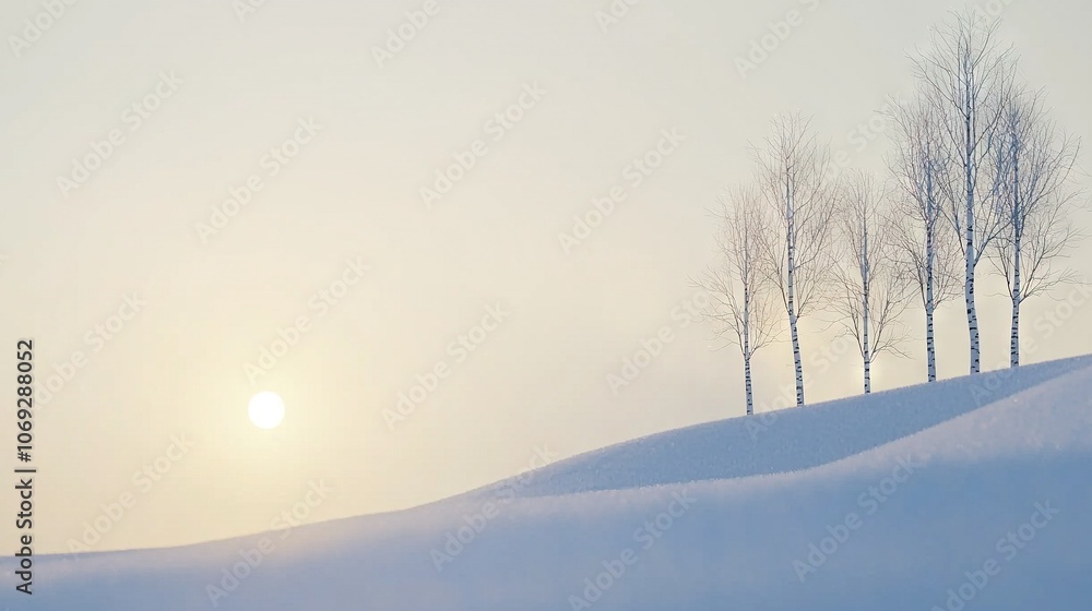 A grove of trees atop a snowy incline during sunset A grove of trees atop a snowy incline during sunset