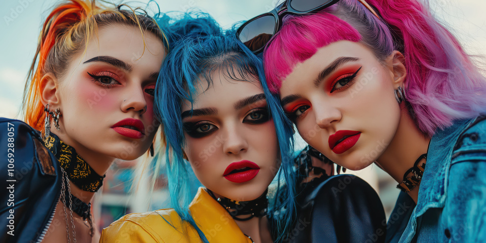 Obraz premium Trendy portrait of young women with bold hairstyles and vibrant fashion