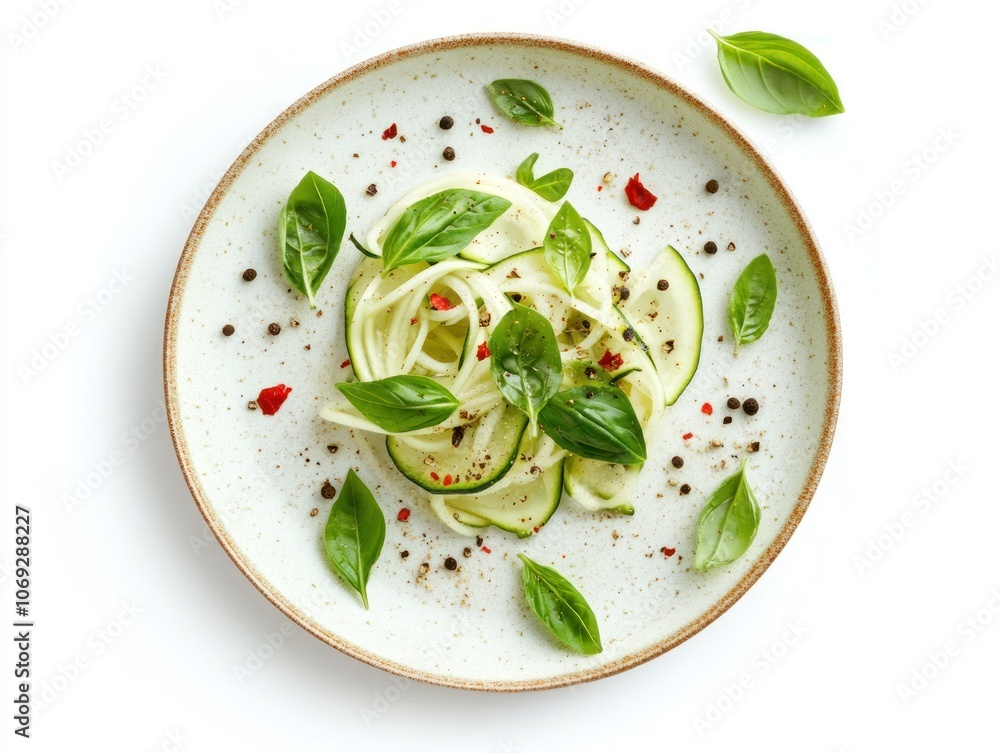 A plate of zucchini noodles garnished with fresh basil and spices. A plate of zucchini noodles garnished with fresh basil and spices.