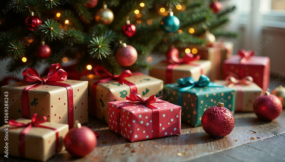 Beautifully wrapped presents in colorful paper sit under a sparkling Christmas tree, waiting to be opened. The scene is filled with holiday anticipation and excitement for Christmas morning. Beautifully wrapped presents in colorful paper sit under a sparkling Christmas tree, waiting to be opened. The scene is filled with holiday anticipation and excitement for Christmas morning.