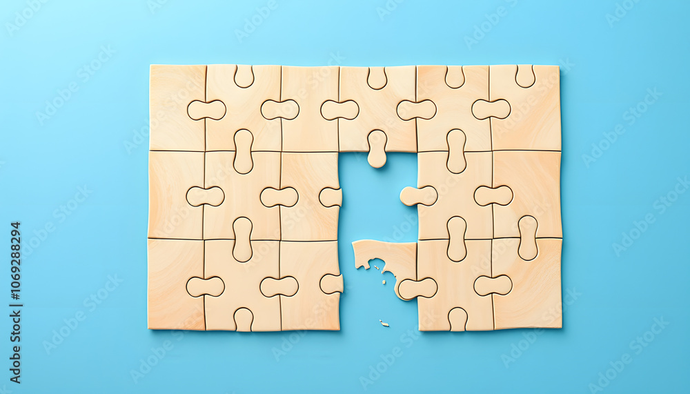 Unfinished jigsaw puzzle on blue background isolated with white highlights, png Unfinished jigsaw puzzle on blue background isolated with white highlights, png