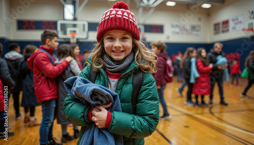 A group of students enthusiastically organizes a holiday coat drive in their school gym, collecting winter coats and clothing to help families in need stay warm during the colder months. photo