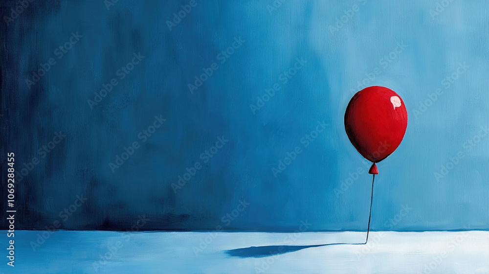   A red balloon floats in the sky, casting a shadow on the ground below and surrounded by a blue wall