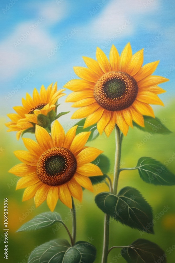 Obraz premium Vibrant sunflowers blooming against a bright blue sky