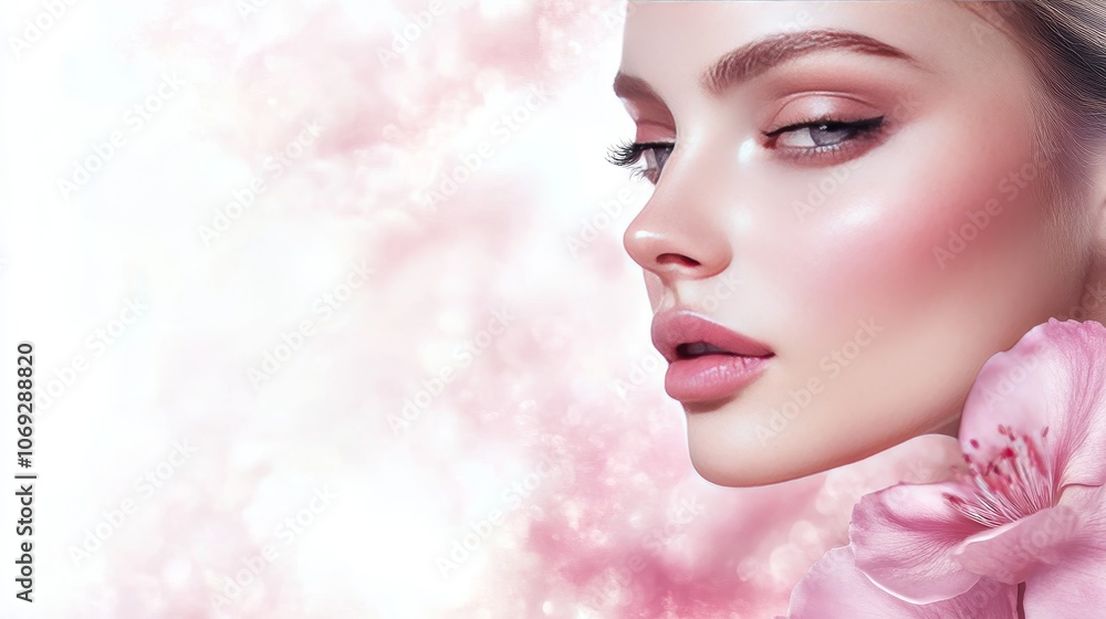 Portrait of a woman with soft makeup and a delicate pink flower near her face blending beauty femininity and grace in a light ethereal atmosphere with subtle pink hues Portrait of a woman with soft makeup and a delicate pink flower near her face blending beauty femininity and grace in a light ethereal atmosphere with subtle pink hues