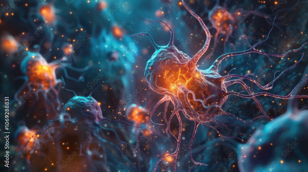 A modern graphic of brain cells, focusing on the complexity of neural networks A modern graphic of brain cells, focusing on the complexity of neural networks