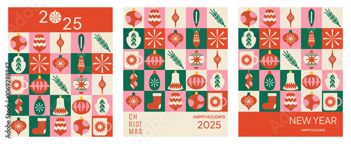Collection of modern trend banners. Christmas and New Year. Mosaic. Neo geometric. Wrapping paper. Hand drawn. Doodle. Elements, shapes, frames. Simple pattern. Flat. Xmas. Vintage set.  Squares. Ball