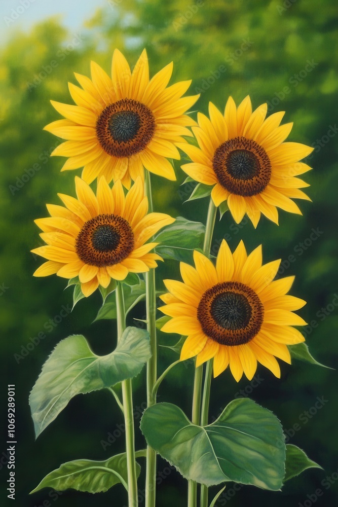 Fototapeta premium Vibrant sunflowers blooming in a lush green field