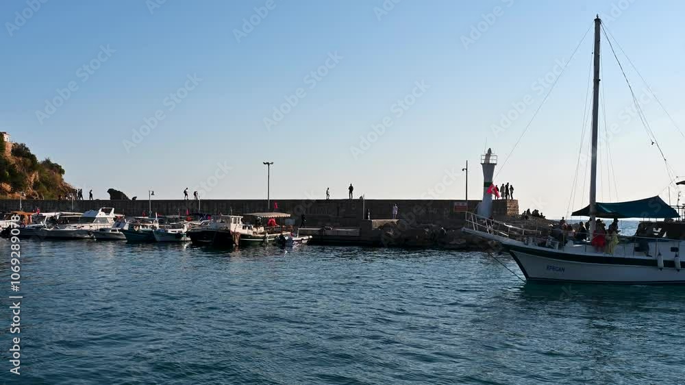 Antalya Kaleici Marina drone shooting, boats, Sunset in the Mediterranean Antalya Kaleici Marina drone shooting, boats, Sunset in the Mediterranean