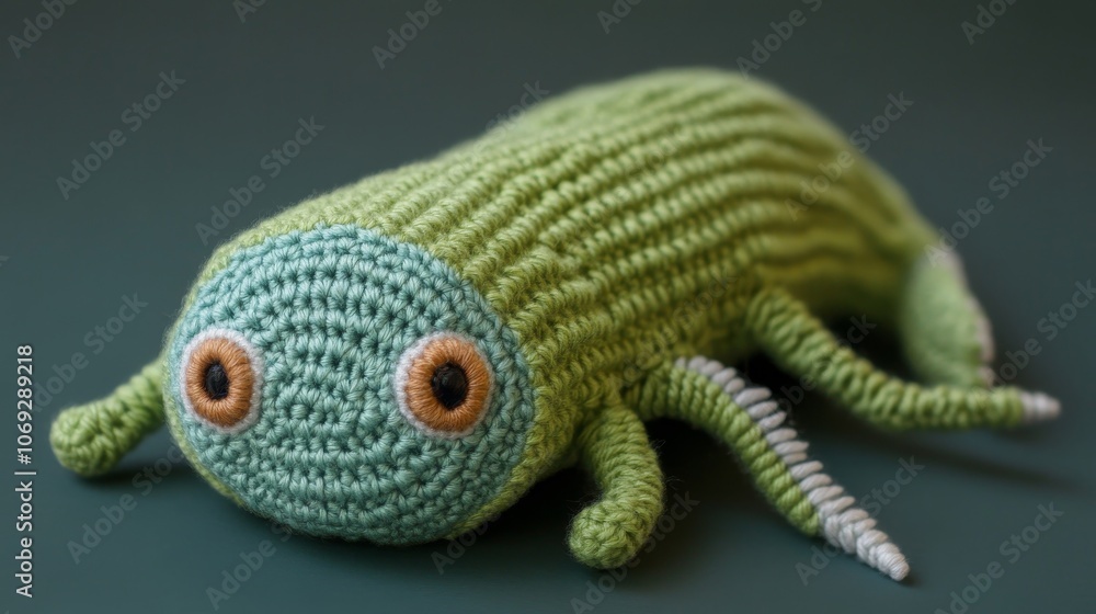 Obraz premium This charming crocheted bug amigurumi features bright green hues and large captivating eyes, instantly making it a delightful collectible for all ages.