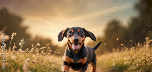 AI-generated image of a cute Dachshund puppy running in a golden field