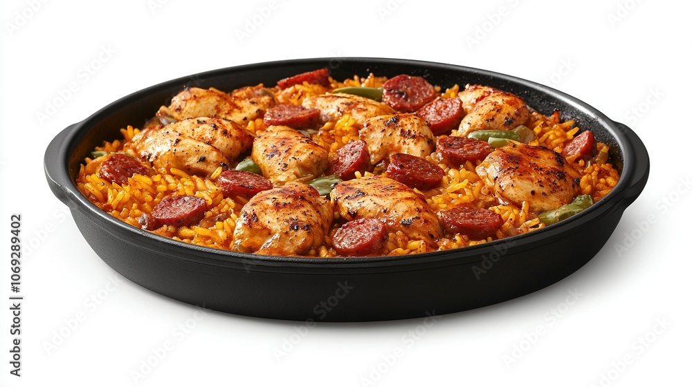 A casserole dish with chicken, rice, and pepperoni A casserole dish with chicken, rice, and pepperoni