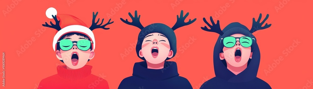 Kids cheerfully make funny faces while wearing reindeer antlers and holiday hats for holi festivities