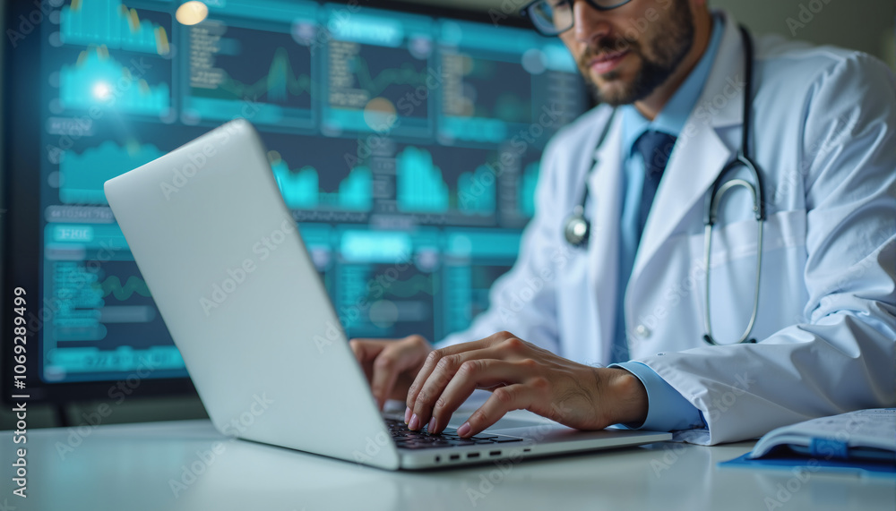 Doctor reviewing patient data on laptop in an EHR system, highlighting digital record-keeping in healthcare. Doctor reviewing patient data on laptop in an EHR system, highlighting digital record-keeping in healthcare.