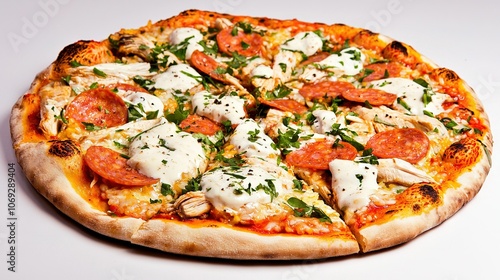  A pizza on a cheesy pan sits atop a white table with veggies on top