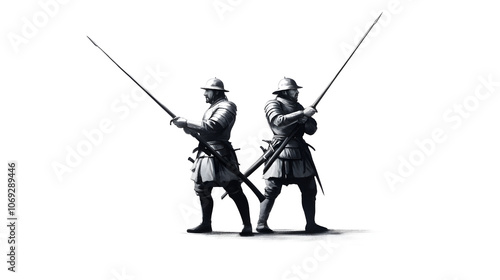 A duo of Spanish tercios infantrymen with pikes, standing back to back, defending against an unseen enemy. Clean lines emphasizing their long weapons and armor.


