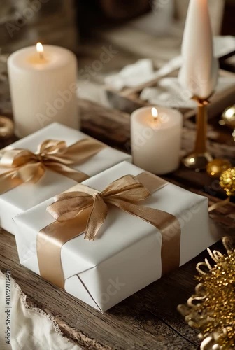 Gift boxes with gold ribbon on wooden table. Candles, pine cone and ornament. Christmas and New Year celebration. Winter holiday concept. Luxury and elegant presents