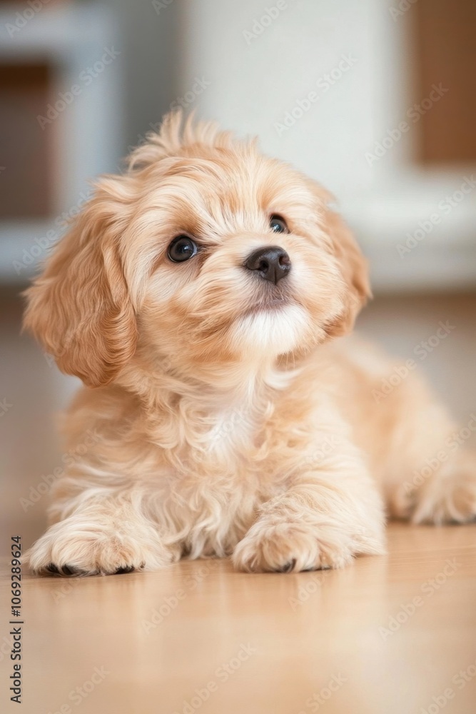 Adorable fluffy puppy with big eyes looking at the camera Adorable fluffy puppy with big eyes looking at the camera
