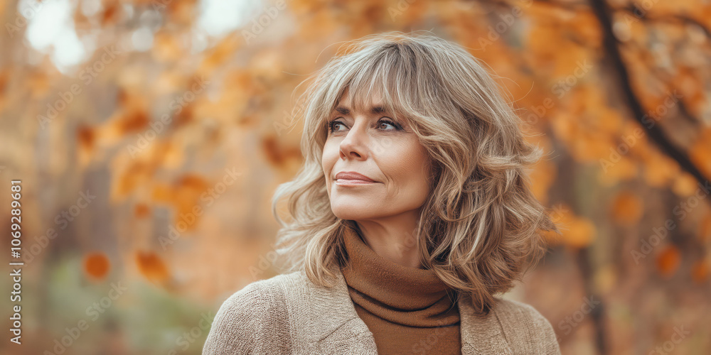 Woman in cozy sweater enjoying autumn forest with golden leaves Woman in cozy sweater enjoying autumn forest with golden leaves
