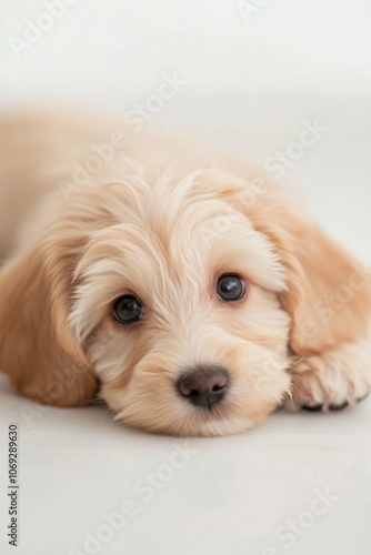 Adorable puppy with soft fur and big eyes looking directly at the camera