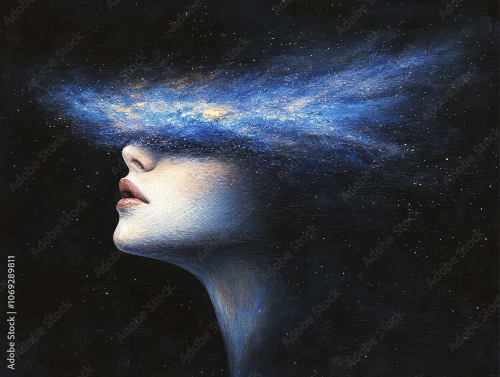 Surreal portrait of a woman with a galaxy covering her eyes in a cosmic scene. Surreal portrait of a woman with a galaxy covering her eyes in a cosmic scene.